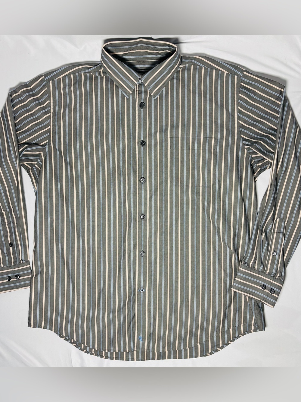 Kenneth Roberts Platinum Striped Button Down Shirt Men's XL Gray Blue Beige Nice